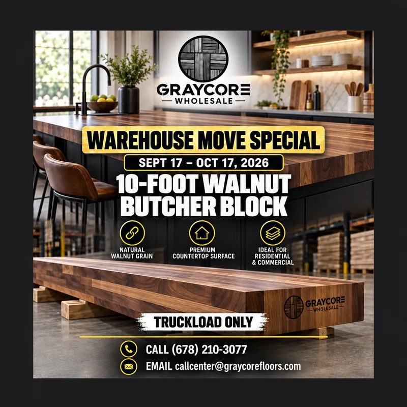 Graycore Wholesale warehouse move special poster: Walnut · 10-foot (truckload only, Sept 17 – Oct 17, 2026)