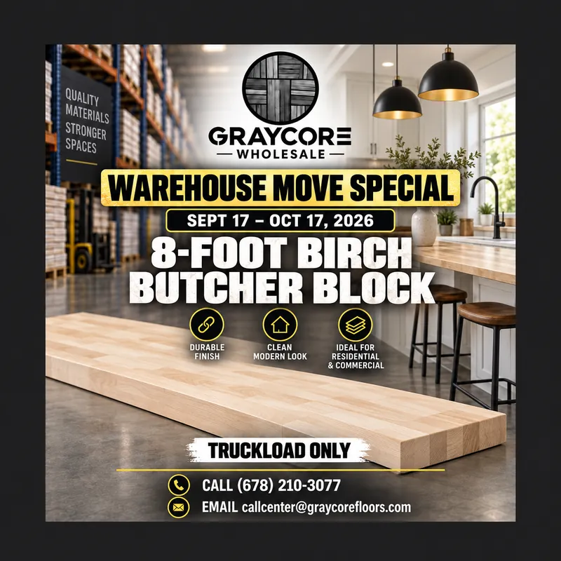 Graycore Wholesale warehouse move special poster: Birch · 8-foot (truckload only, Sept 17 – Oct 17, 2026)