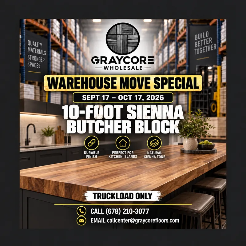 Graycore Wholesale warehouse move special poster: Sienna · 10-foot (truckload only, Sept 17 – Oct 17, 2026)