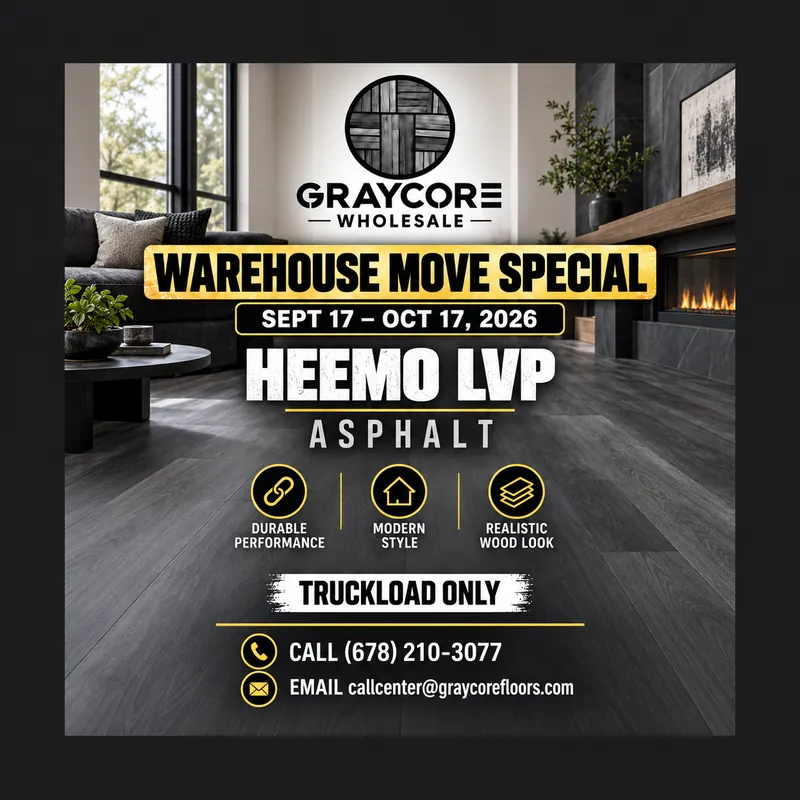 Graycore Wholesale warehouse move special poster: Heemo · Asphalt (truckload only, Sept 17 – Oct 17, 2026)