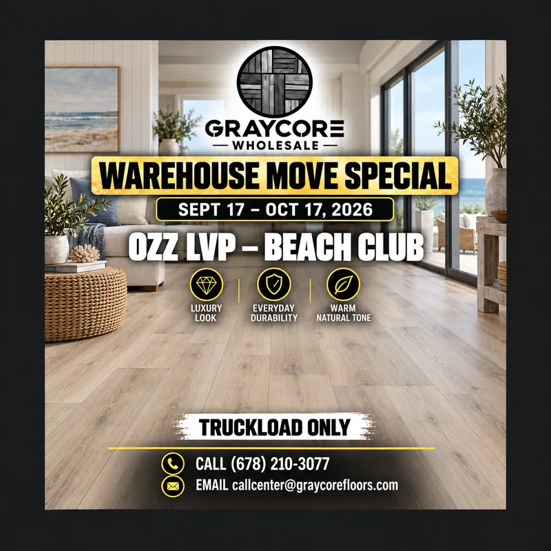 Graycore Wholesale warehouse move special poster: Ozz · Beach Club (truckload only, Sept 17 – Oct 17, 2026)